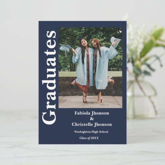 Blauw marine broers en zussen afstuderen Dubbel af Kaart (Staand voorkant)