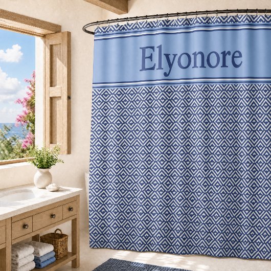 Blauw Marine Geometrisch Chevron Naam Douchegordijn