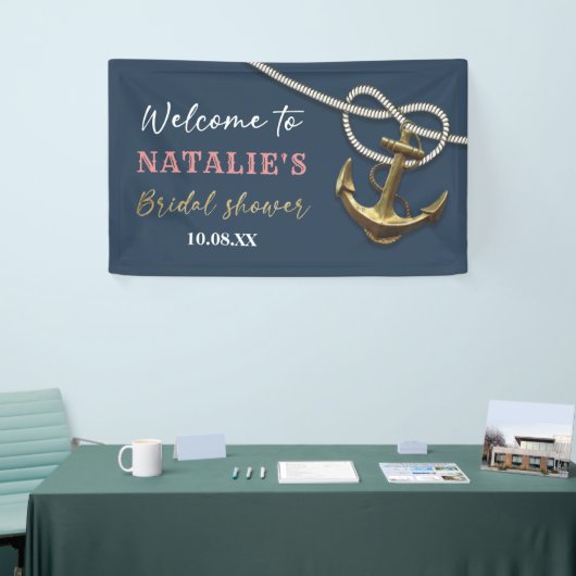 Blauw marine gouden anker touw bruidsfeest  spandoek (Beurs)