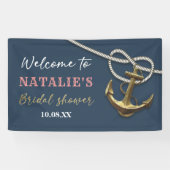 Blauw marine gouden anker touw bruidsfeest  spandoek (Horizontaal)