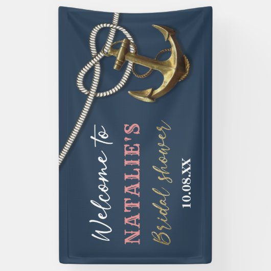 Blauw marine gouden anker touw bruidsfeest  spandoek (Verticaal)