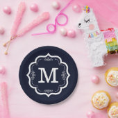 Blauw Marine Monogram Papieren Bordje (Feest)