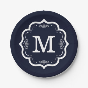 Blauw Marine Monogram Papieren Bordje