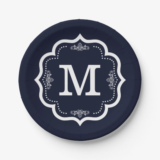 Blauw Marine Monogram Papieren Bordje (Voorkant)