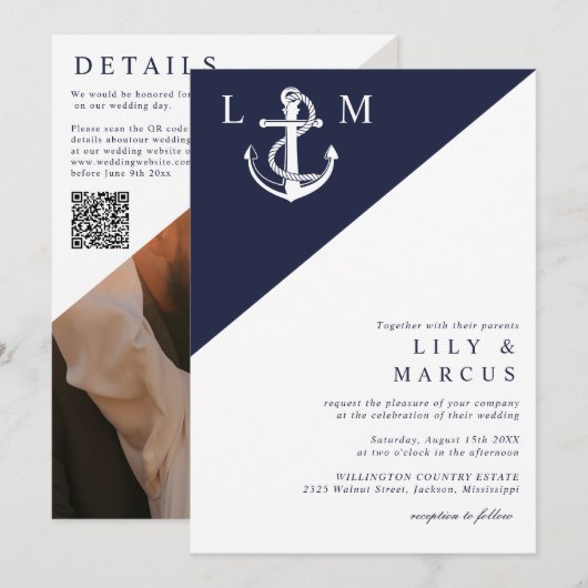Blauw marine nautisch monogram trouwfoto QR-code Kaart (Voorkant / Achterkant)