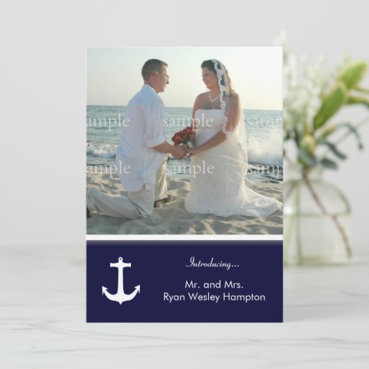 Blauw-marine nautische trouwfoto-uitnodigingen na  kaart (Staand voorkant)
