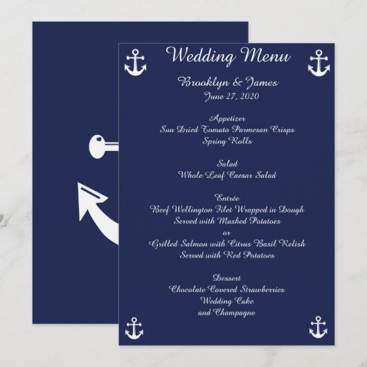 Blauw marine nautische trouwmenu aangepaste uitnod menu (Voorkant / Achterkant)