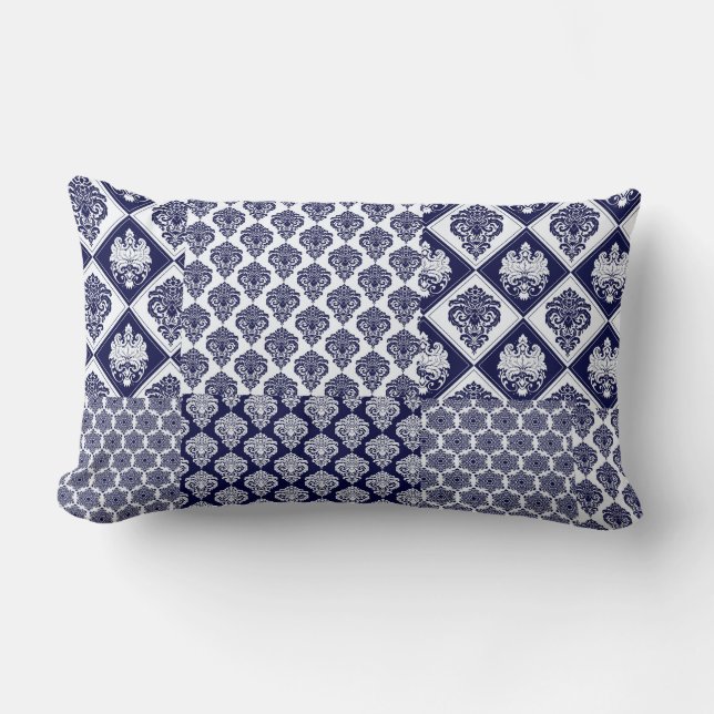 Blauw marine patchwork damast omkeerbare kussen (Voorkant)