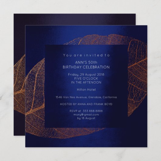 Blauw Marine Roze Rose Goud Verjaardagsfeest Kaart (Voorkant / Achterkant)