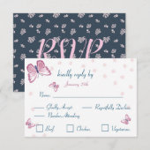 blauw marine roze vlinders reactiekaart RSVP Kaartje (Voorkant / Achterkant)