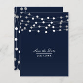 Blauw marine snoerlichten modern chic Save the Dat Aankondigingskaart (Voorkant / Achterkant)