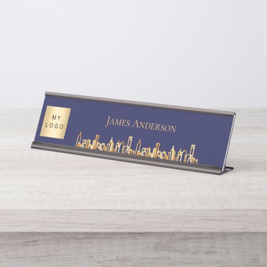 Blauw marine stadssilhouet bedrijfslogo vastgoed bureau naambordje (Voorkant)
