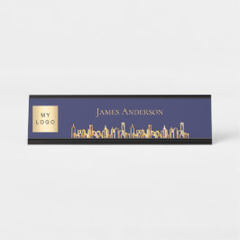 Blauw marine stadssilhouet bedrijfslogo vastgoed bureau naambordje