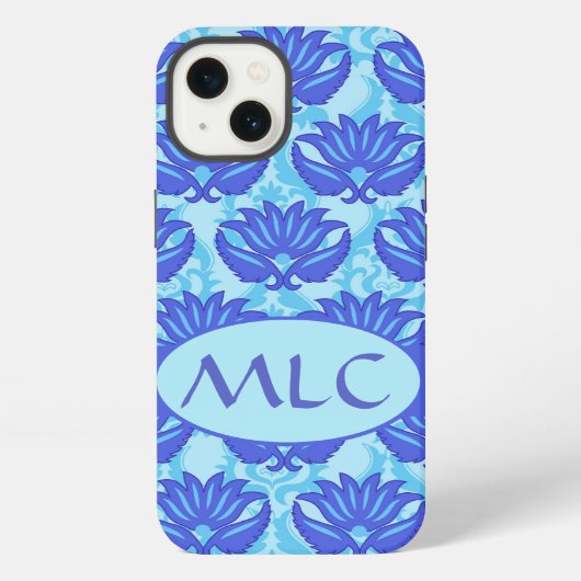 Blauw Marine Turquoise Moderne Damast Monogram Op  iPhone Hoesje (Achterkant)