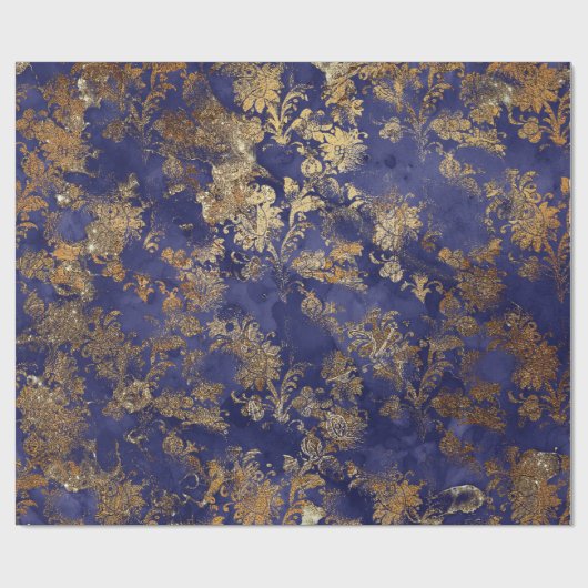 Blauw Marine Warm Goud Bloemen Grungy Shabby Chic Cadeaupapier (Vlak)