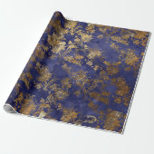 Blauw Marine Warm Goud Bloemen Grungy Shabby Chic Cadeaupapier (Uitgerold)