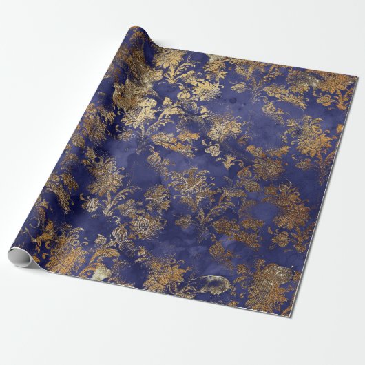 Blauw Marine Warm Goud Bloemen Grungy Shabby Chic Cadeaupapier (Uitgerold)