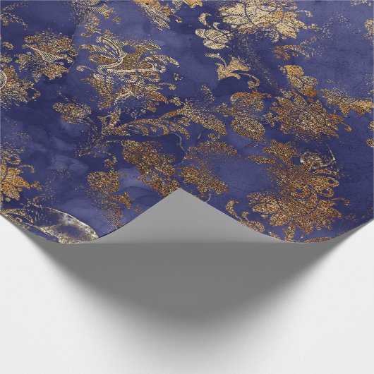 Blauw Marine Warm Goud Bloemen Grungy Shabby Chic Cadeaupapier (Hoek)