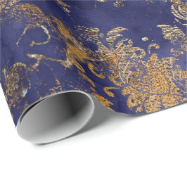 Blauw Marine Warm Goud Bloemen Grungy Shabby Chic Cadeaupapier
