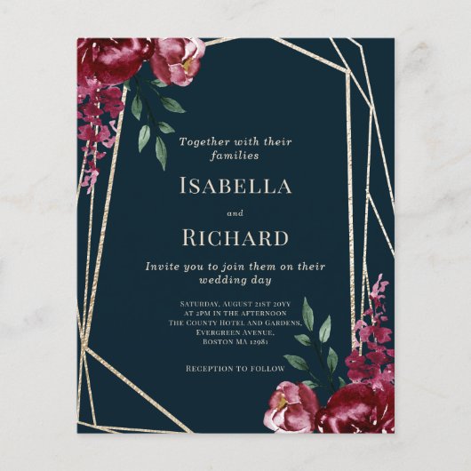 Blauw marine | Wijnrode bloemige trouwuitnodiging (Voorkant)