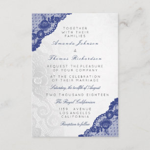 Blauw marine zilver grijs kant trouw delicate kaart
