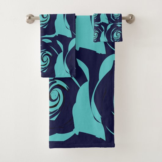 Blauw marineblauw Roos bloemmotief Bad Handdoek (Insitu)