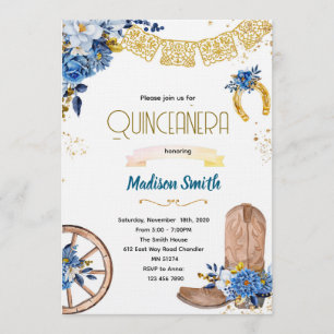 Blauw marinebloem Wilde Westen Quinceañera uitnodi Kaart