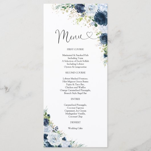 Blauw marinebloemig trouwmenu menu (Voorkant)