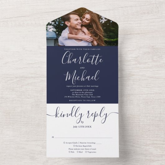 Blauw maritiem anker monogram foto bruiloft all in one uitnodiging (Binnen)