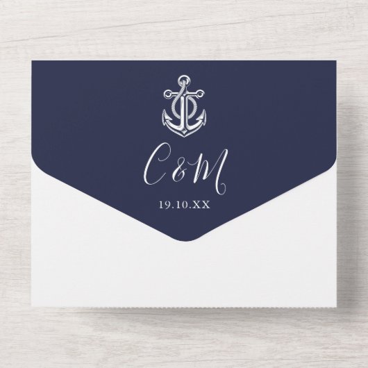 Blauw maritiem anker monogram foto bruiloft all in one uitnodiging (Achterkant)