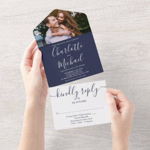 Blauw maritiem anker monogram foto bruiloft all in one uitnodiging