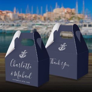 Blauw maritiem huwelijksgeschenk met handtekening bedankdoosjes