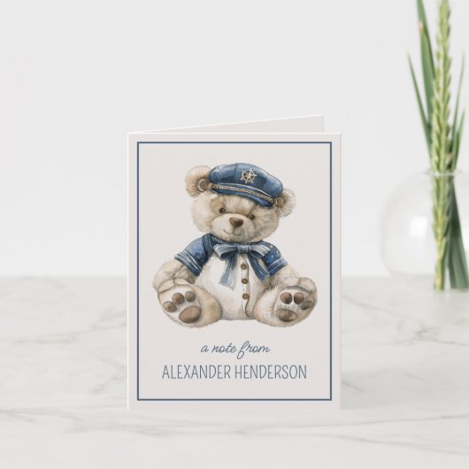 Blauw maritiem teddybeer met naam notitiekaartje (Voorkant)