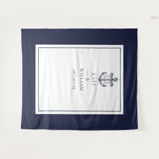 Blauw maritieme trouwfotocabine achtergrond wandkleed (Voorkant (horizontaal))