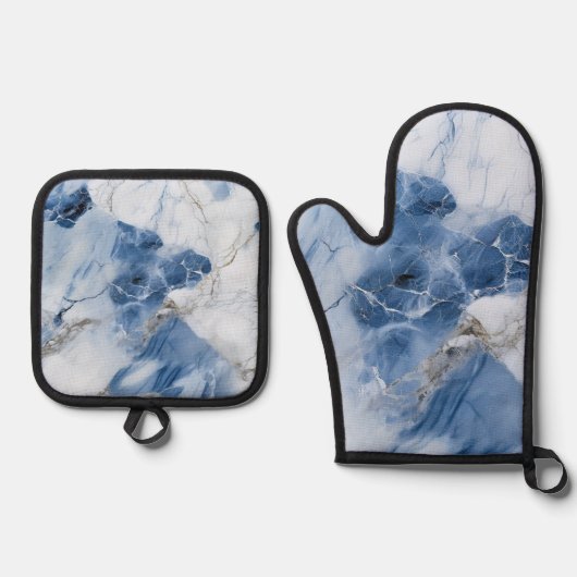 Blauw marmer abstract kustpatroon ovenwant & pannenlap set (Voorkant)