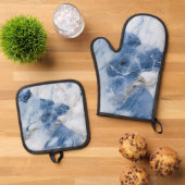 Blauw marmer abstract kustpatroon ovenwant & pannenlap set (Top down)
