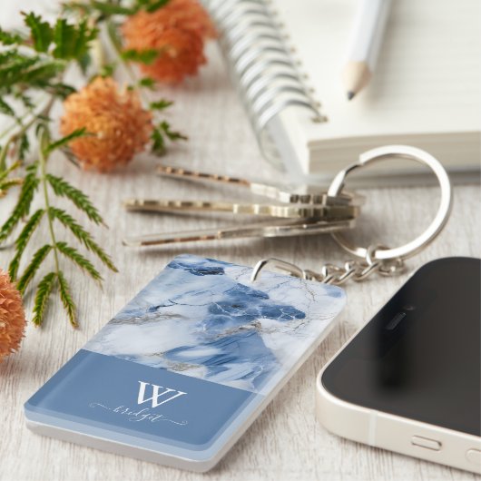 Blauw marmer abstract kustpatroon sleutelhanger (Voorkant Rechts)