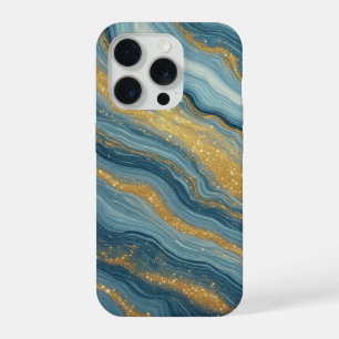 Blauw Marmer Abstract Met Gouden Aders iPhone 15 Pro Case
