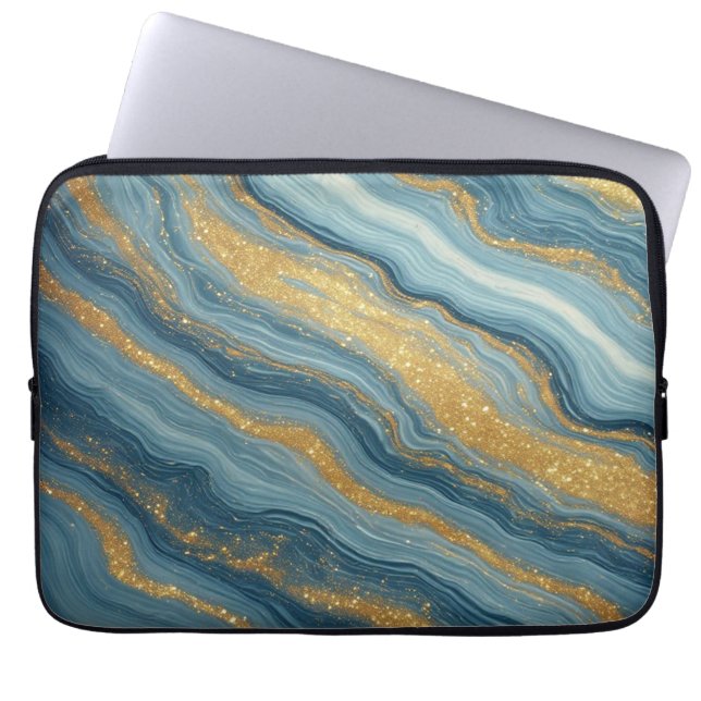 Blauw Marmer Abstract Met Gouden Aders Laptop Sleeve (Voorkant)