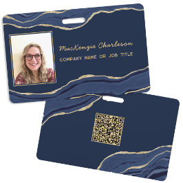 Blauw Marmer Agaat Geode QR Code Foto ID Naam Badge