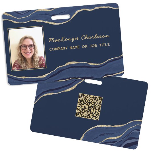 Blauw Marmer Agaat Geode QR Code Foto ID Naam Badge