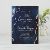 Blauw Marmer Agaat Roos Goud Tiara Quinceañera Kaart (Staand voorkant)