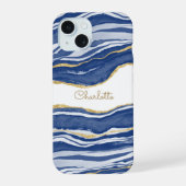 Blauw Marmer Agate Goud Glitter Persoonlijk iPhone 15 Case (Achterkant)