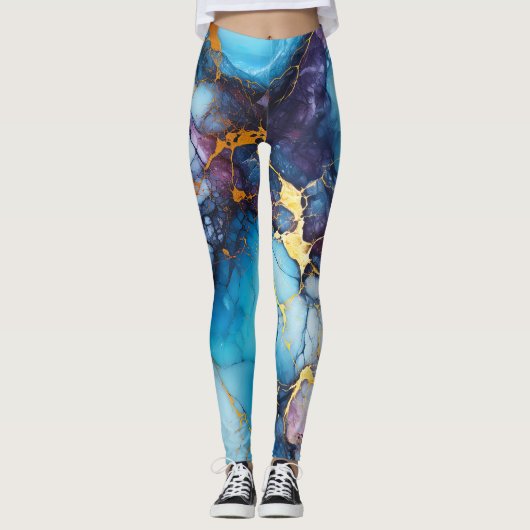 Blauw Marmer Boho Esthetisch Leggings (Voorkant)