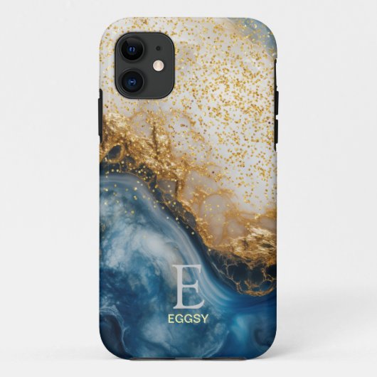 Blauw marmer chic gouden glitters monogram Case-Mate iPhone case (Achterkant)
