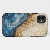 Blauw marmer chic gouden glitters monogram Case-Mate iPhone case (Achterkant (horizontaal))