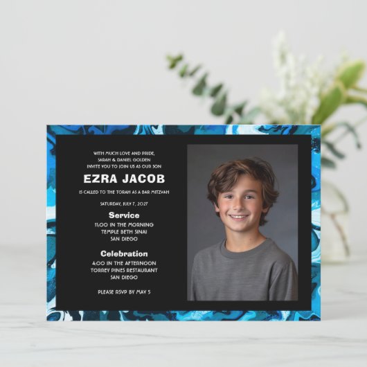Blauw Marmer Custom FOTO Bar Bat Mitzvah Kaart (Staand voorkant)