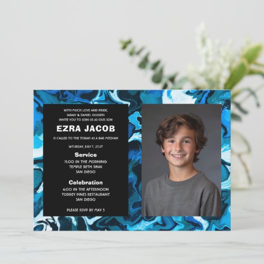 Blauw Marmer Custom FOTO Bar Bat Mitzvah Kaart (Staand voorkant)