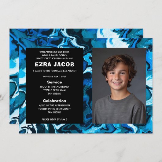 Blauw Marmer Custom FOTO Bar Bat Mitzvah Kaart (Voorkant / Achterkant)