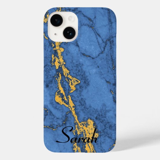 Blauw Marmer en Goud Case-Mate iPhone Case (Achterkant)